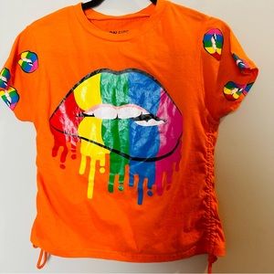 Women Multicolor Rainbow Lip Drip T-shirt Short‎ Sleeves.C53